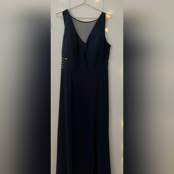 Navy Morgan & Co. Womens Solid With Mesh A-Line Dress Junior Size 16 W - Picture 6 of 10